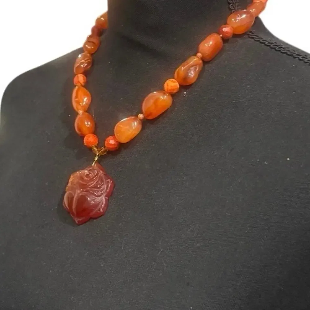 Vintage Korea Carnelian Rose Pendant Necklace Hand Carved Statement Floral 111g
